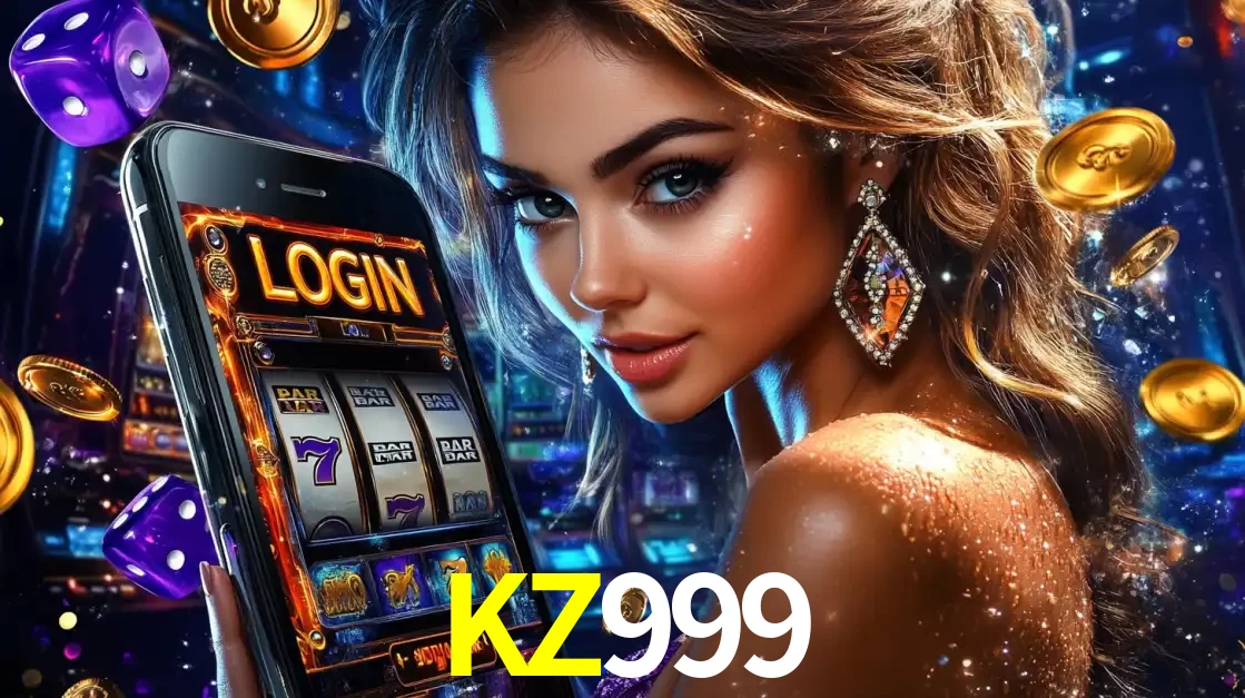 Mulher glamorosa segurando um smartphone com a tela de login para os jogos de caça-níqueis do cassino online KZ999, com moedas de ouro e dados ao redor.