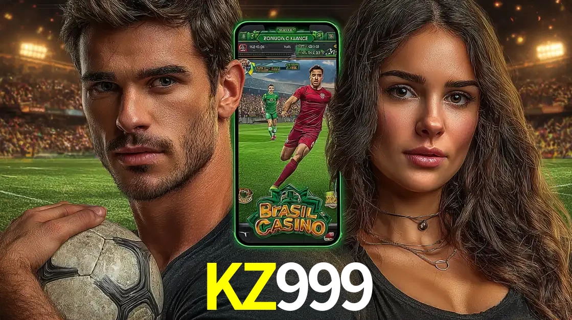 Homem segurando uma bola de futebol e uma mulher ao lado de um smartphone exibindo o jogo de apostas esportivas da KZ999. Faça seu palpite no cassino online.